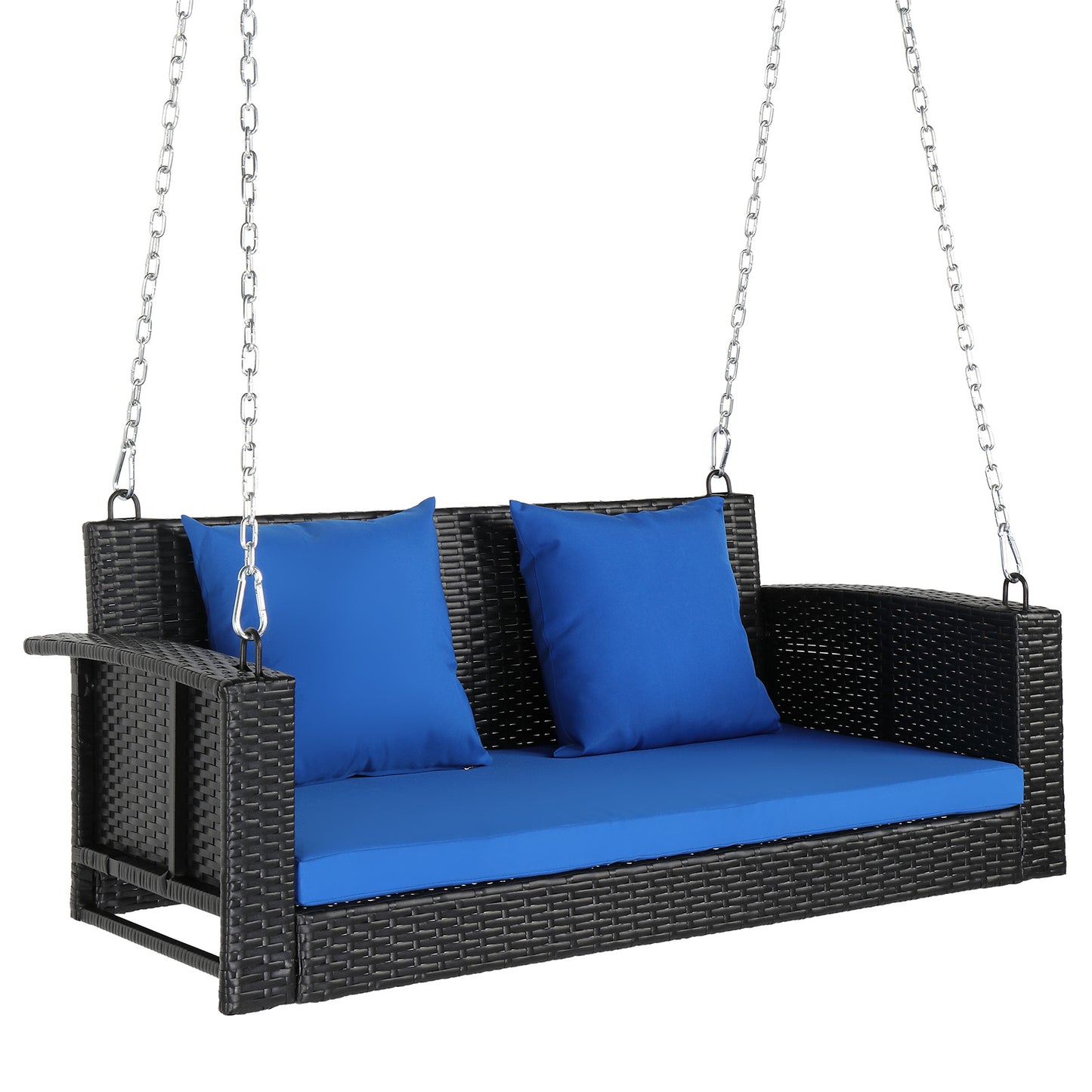 4ft Black Rattan Blue Cushion 4.5mm Iron Chain Woven Rattan Swing, Excluding Swing Frame