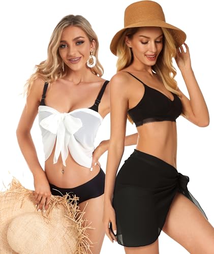 2 Pieces Sarong Cover Ups for Women Beach Bathing Suit Wrap Sheer Short Skirt Bikini Chiffon Scarf for Swimwear (Black and White)