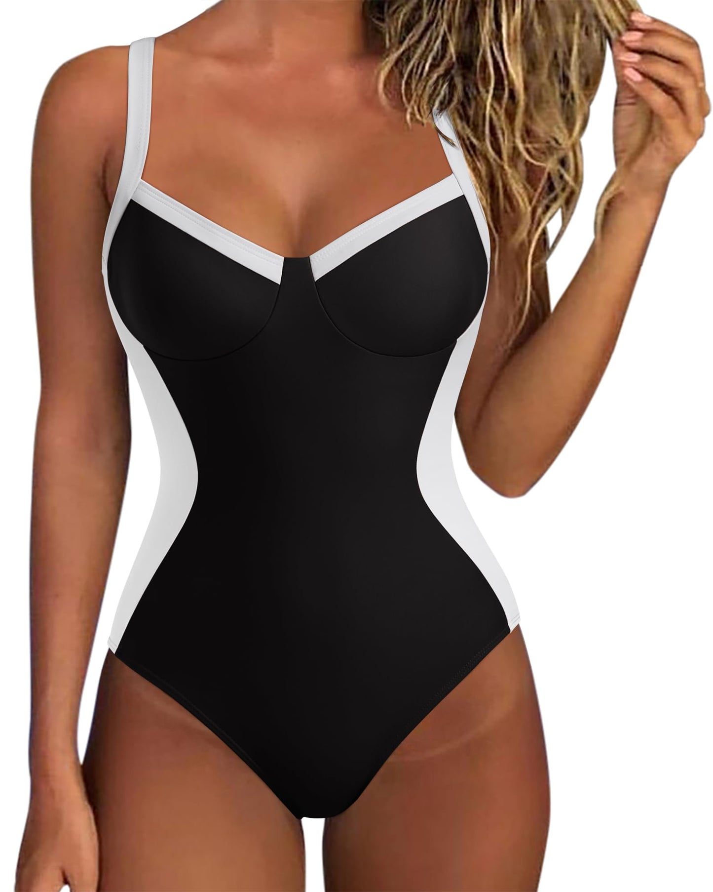 SUUKSESS Womens Tummy Control Slimming One Piece Swimsuits Sexy V Neck Crisscross Back Bathing Suits Push up Swimwear(Black,Large)