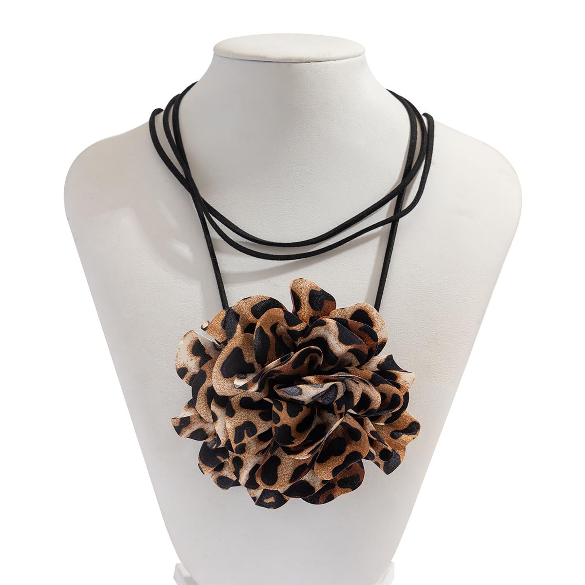 Leopard Print Flower Necklace for Women Big Flower Choker Necklace Adjustable Lace-Up Design Handmade Floral Necklace Leopard Print Flower Necklace Bride Wedding Party Jewelry (Coffee Leopard Print)