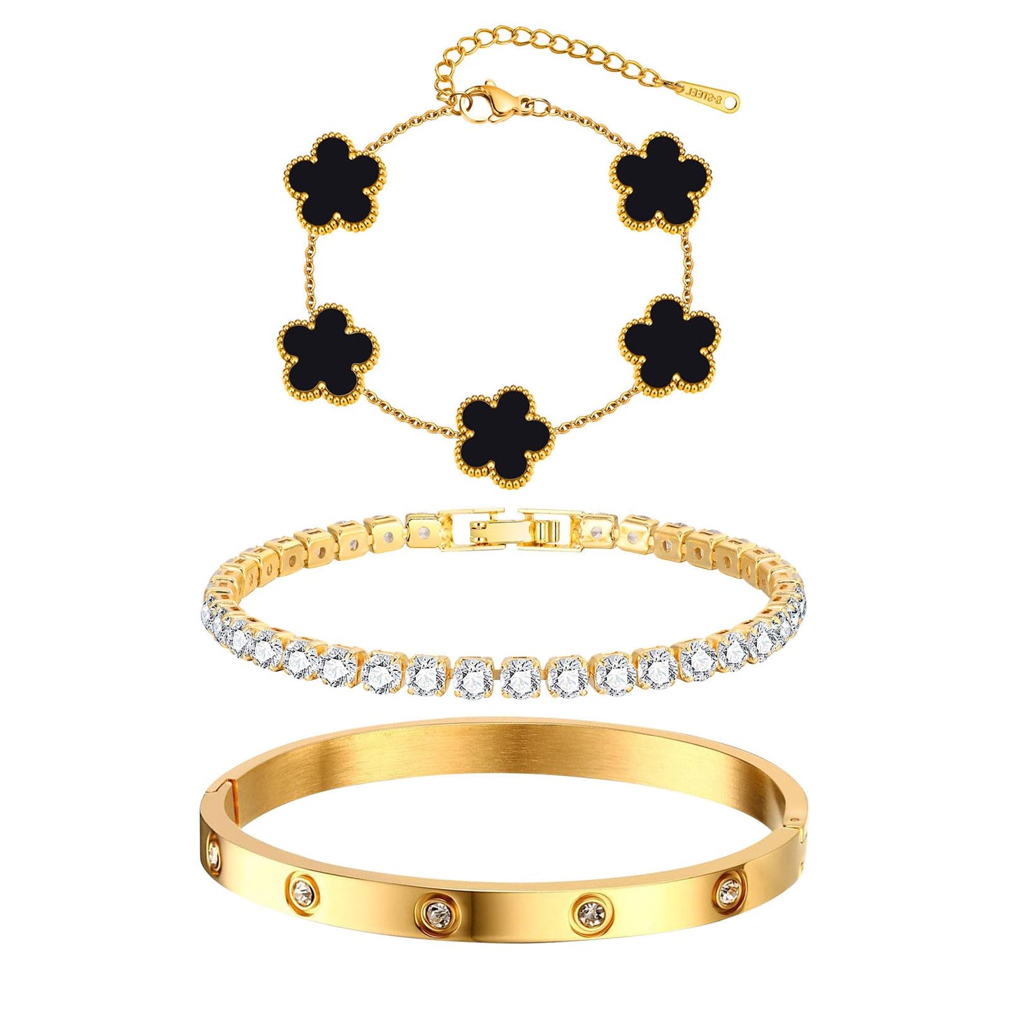 Womens Stackable Floral Gold Bracelets , 3Pcs 18K Gold Plated Bracelet,Stainless Steel Bangle Chain Non Tarnish, Bracelet Set Trendy Jewelry,Christmas Valentines Birthday Gifts for Girlfriend