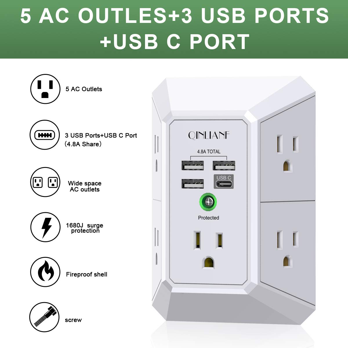 Wall Charger, Surge Protector,  Outlet Extender with 4 USB Charging Ports (4.8A Total) 3-Sided 1680J Power Strip