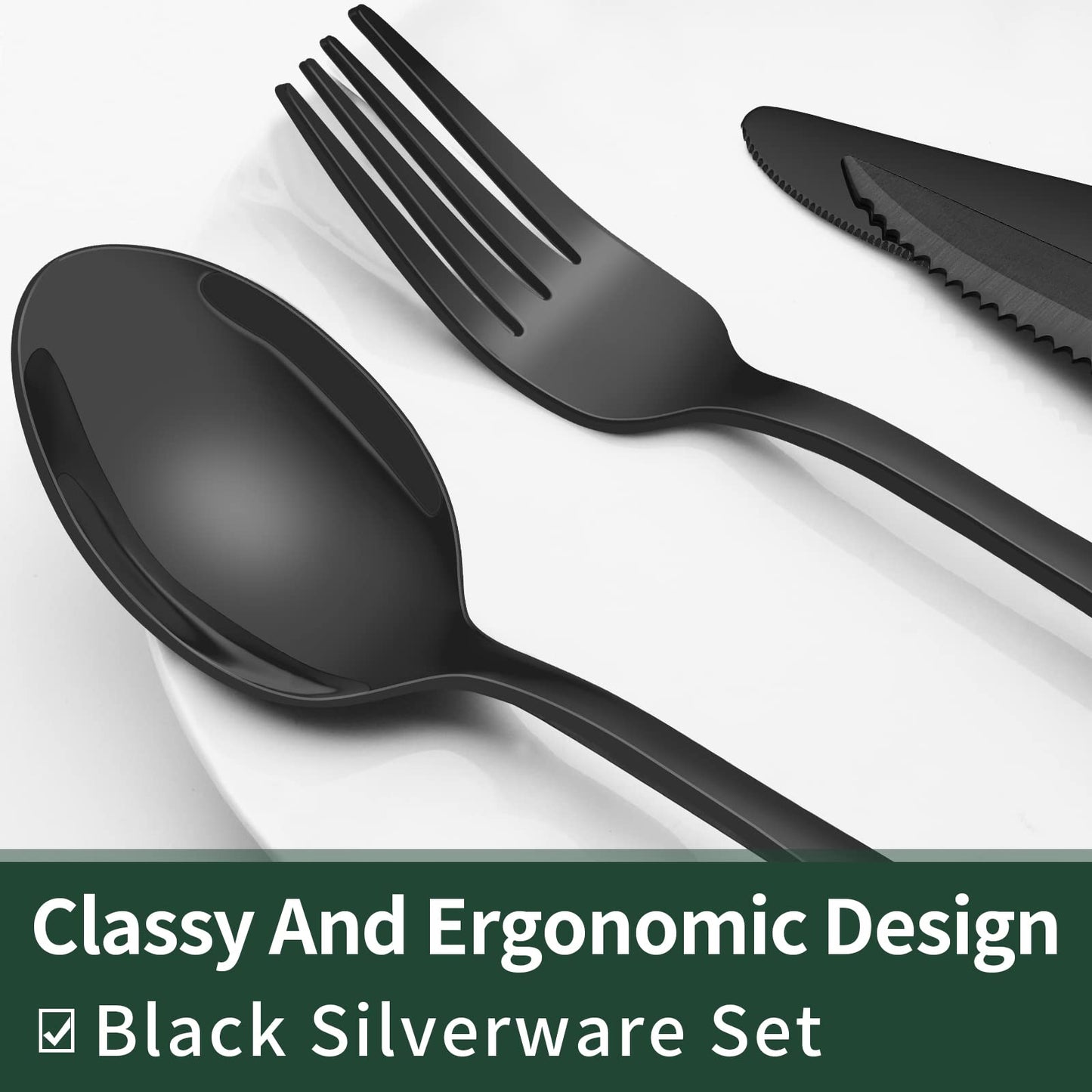 24-Piece Black Silverware Set with Steak Knives, Black Flatware Set for 4, Food-Grade Stainless Steel Tableware Cutlery Set, Mirror Finished Utensil Sets for Home Restaurant (Copia)
