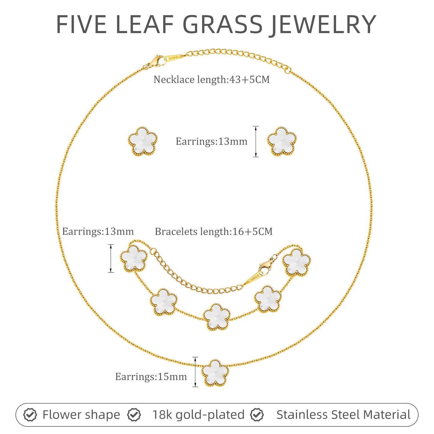 Gold Necklaces Bracelets Earring Set - 18K Gold Plated Flower Bracelet Chain,Stainless Steel Non Tarnish Floral Pendant Stud Jewelry Sets,Christmas Birthday Lucky Gift for Mom Wife Daughter Girlfriend
