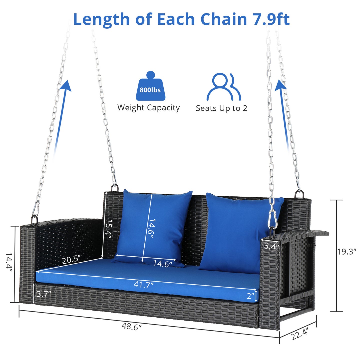 4ft Black Rattan Blue Cushion 4.5mm Iron Chain Woven Rattan Swing, Excluding Swing Frame