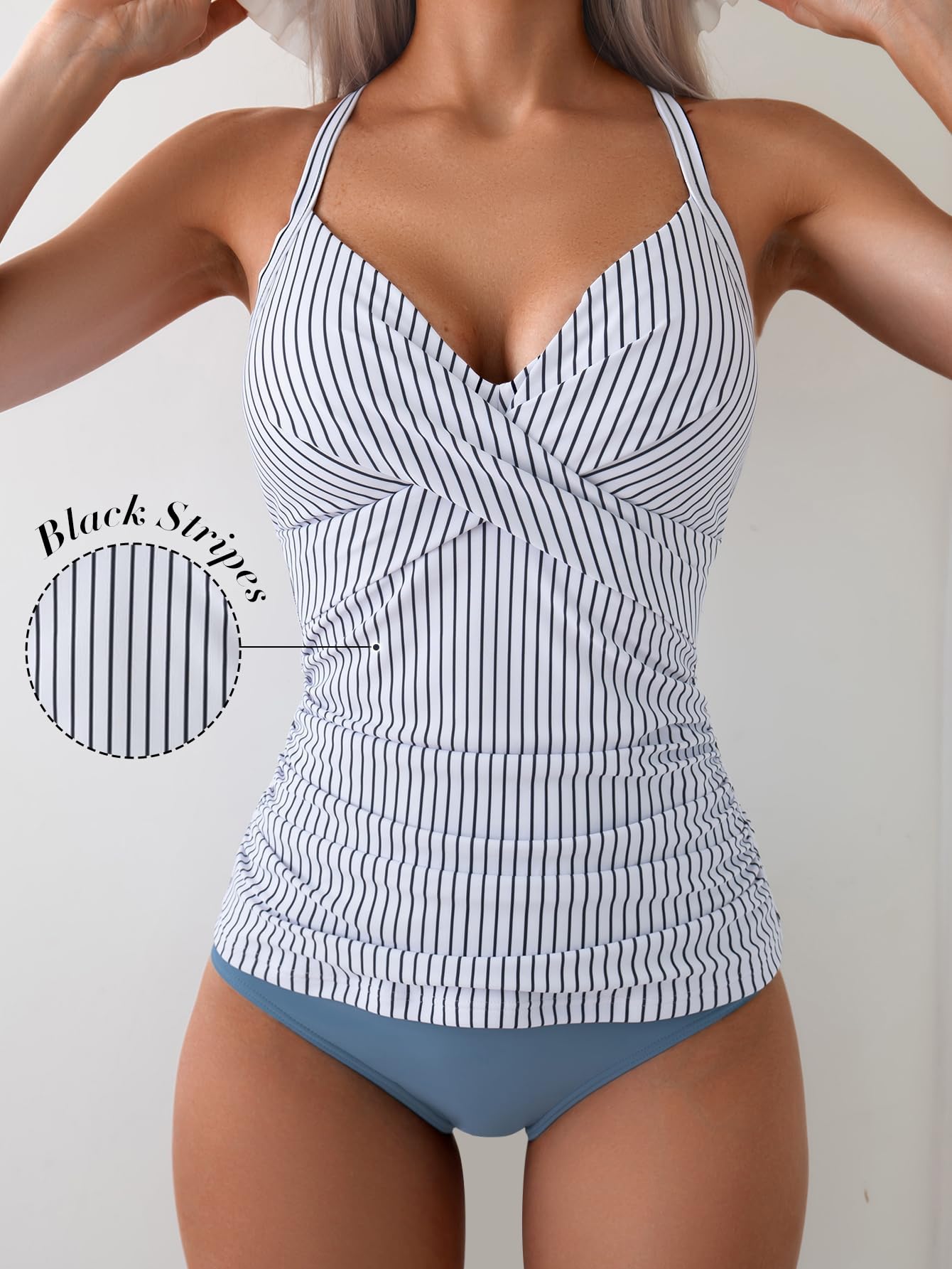 B2prity Women's Ruched Tankini Swimsuits V Neck Wrap Tie Back Two Pieces Bathing Suit Tummy Control Swimwear(Blue Striped)