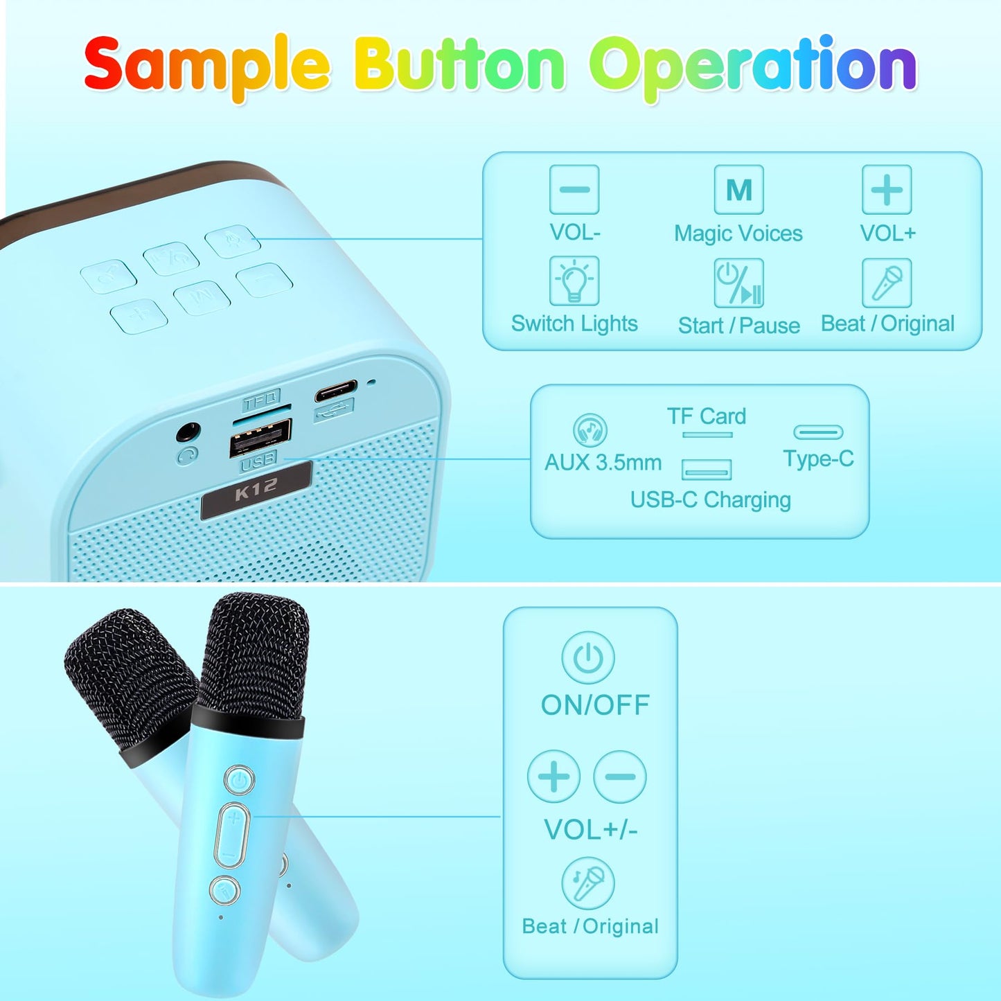 Mini Karaoke Machine,Portable Bluetooth Speaker with 2 Wireless Microphone for Kids Adults with Led Lights,Christmas Birthday Gifts for Girls Ages 4-12 Years Old Support USB/TF/AUX for Home Party,Blue