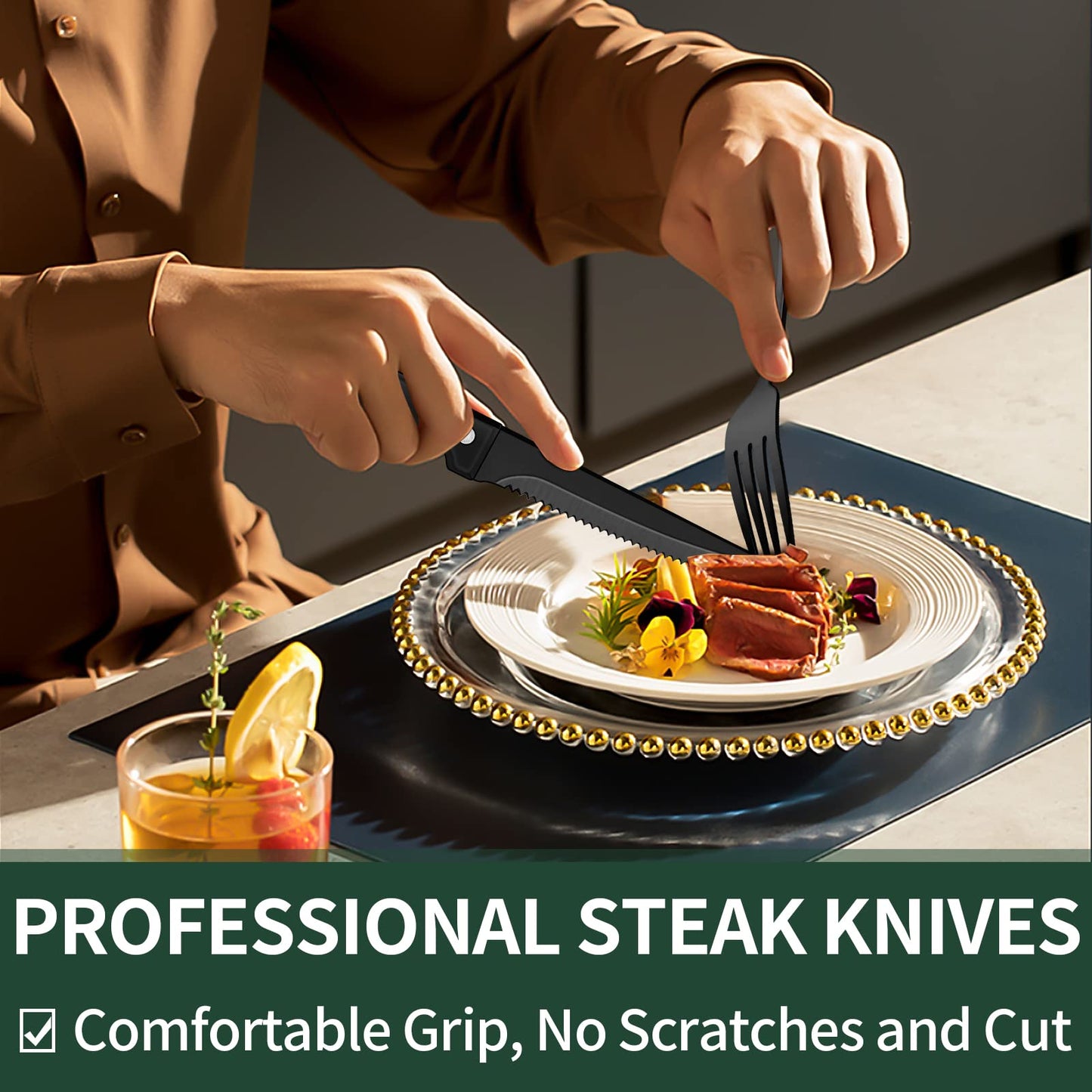 24-Piece Black Silverware Set with Steak Knives, Black Flatware Set for 4, Food-Grade Stainless Steel Tableware Cutlery Set, Mirror Finished Utensil Sets for Home Restaurant (Copia)