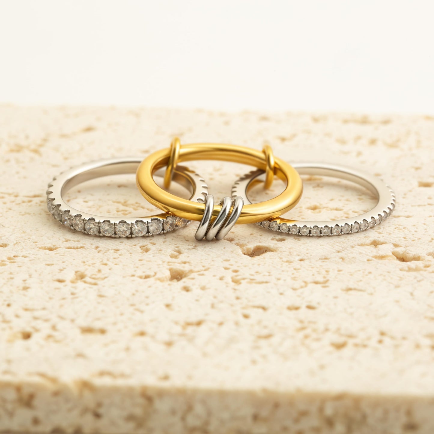 Bopiu Gold Stackable Rings for Women Non Tarnish, 18k Gold Plated Cubic Zirconia Rings, Silver Gold Multi Ring Mixed Metals Stack Rings Set (2 stones rings, 8)
