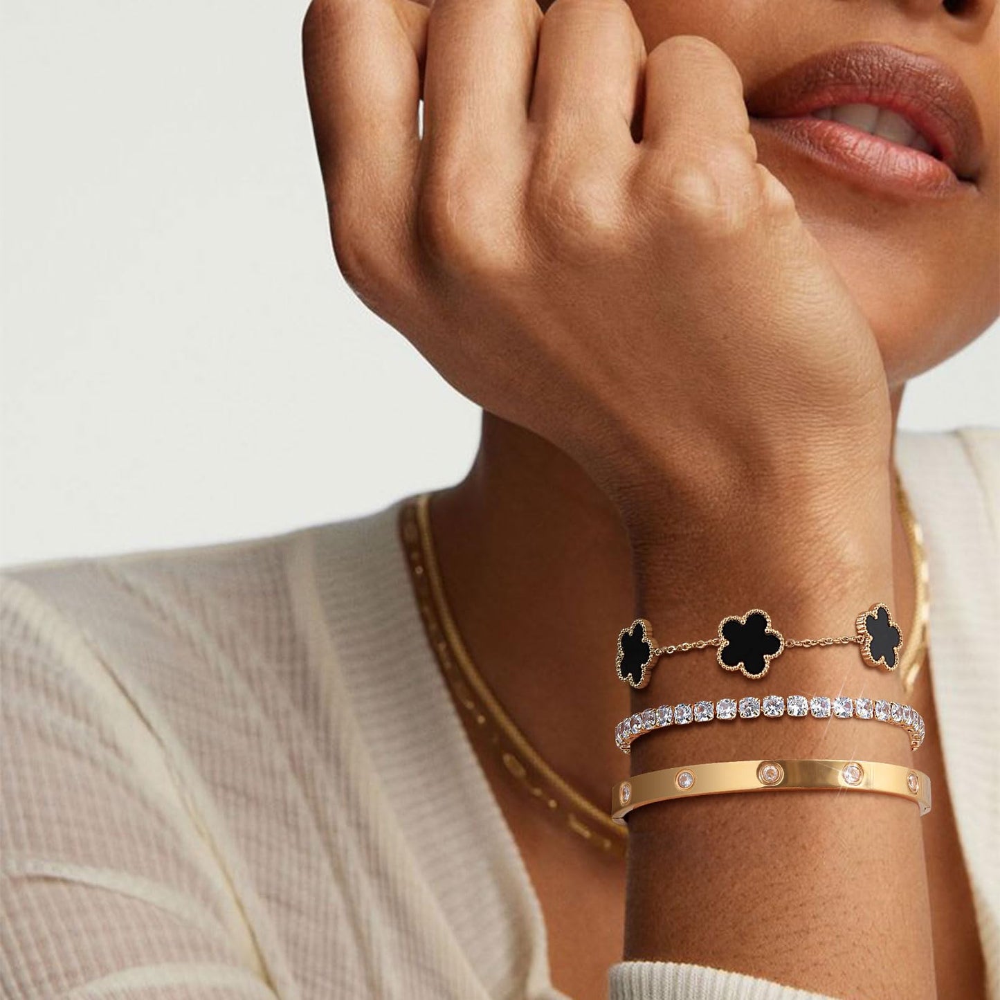 Womens Stackable Floral Gold Bracelets , 3Pcs 18K Gold Plated Bracelet,Stainless Steel Bangle Chain Non Tarnish, Bracelet Set Trendy Jewelry,Christmas Valentines Birthday Gifts for Girlfriend