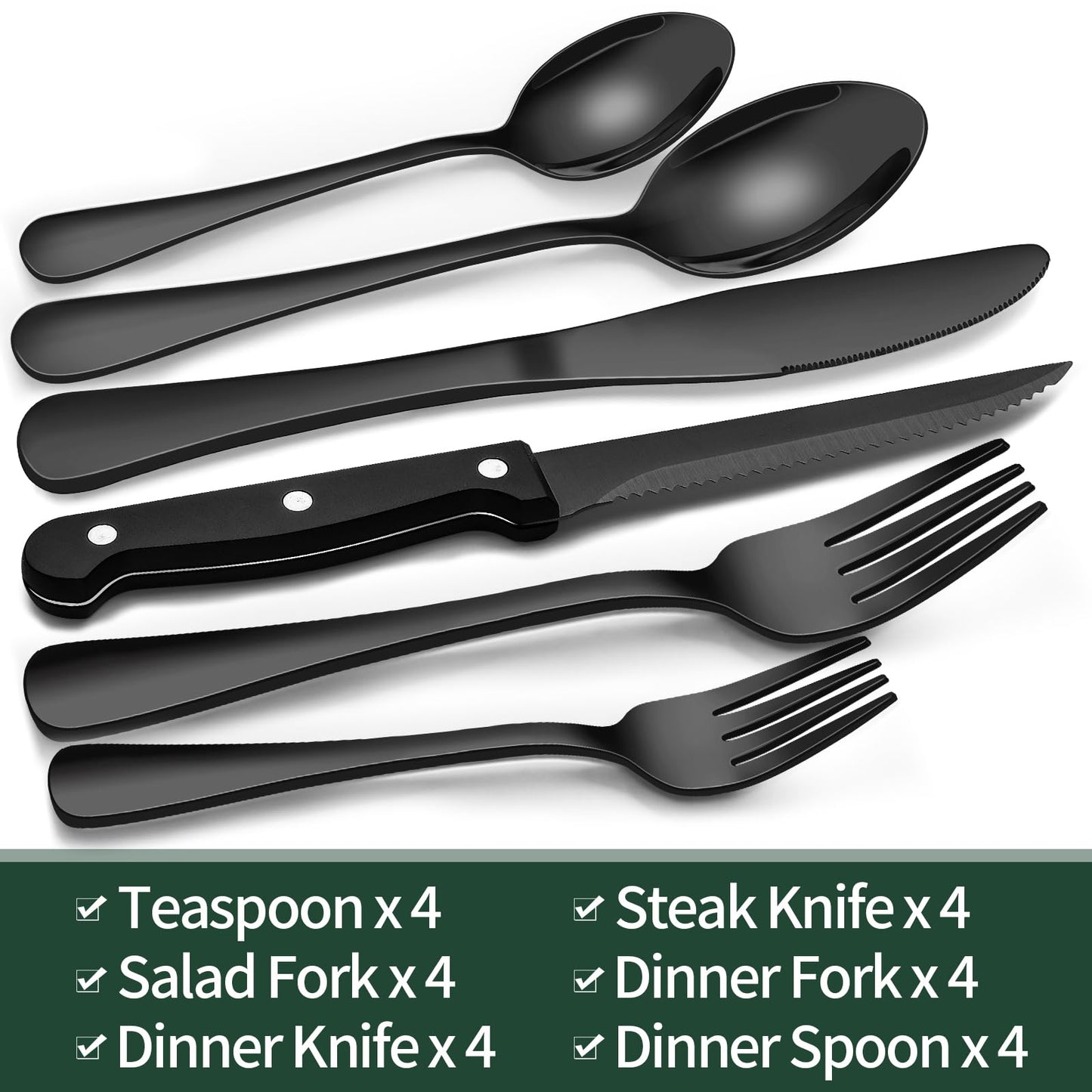 24-Piece Black Silverware Set with Steak Knives, Black Flatware Set for 4, Food-Grade Stainless Steel Tableware Cutlery Set, Mirror Finished Utensil Sets for Home Restaurant (Copia)