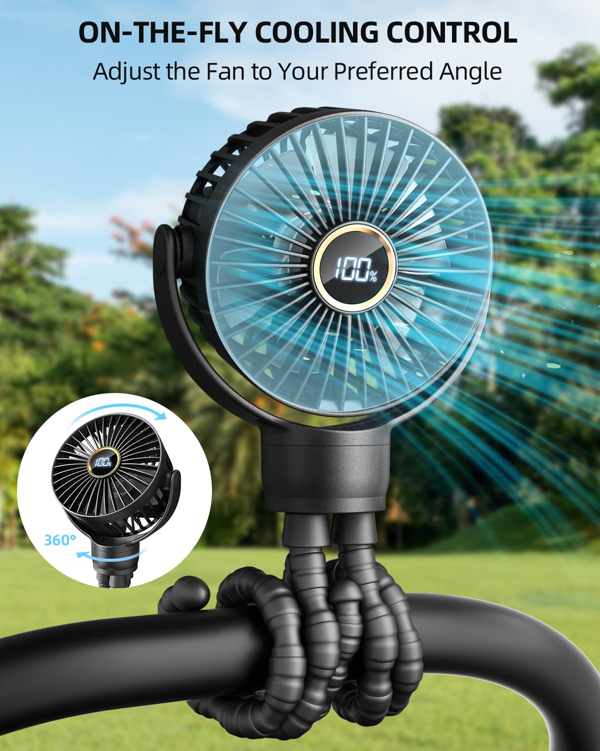 Portable Stroller Mini Fan, Small Rechargeable Personal Cooler w/ 360° Rotation, 3-Speed, Display, Battery Powered Stroller Accessories, Baby Essentials for Car Seat, Crib, Bike, Treadmill, Black