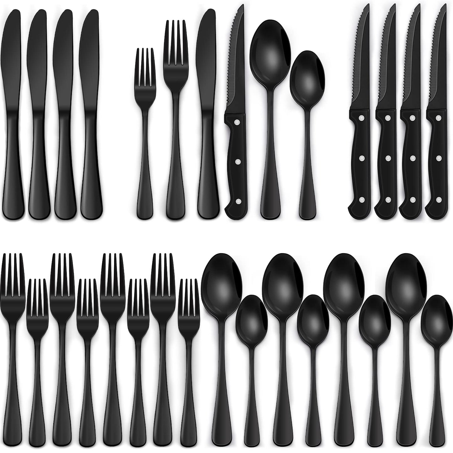 24-Piece Black Silverware Set with Steak Knives, Black Flatware Set for 4, Food-Grade Stainless Steel Tableware Cutlery Set, Mirror Finished Utensil Sets for Home Restaurant (Copia)