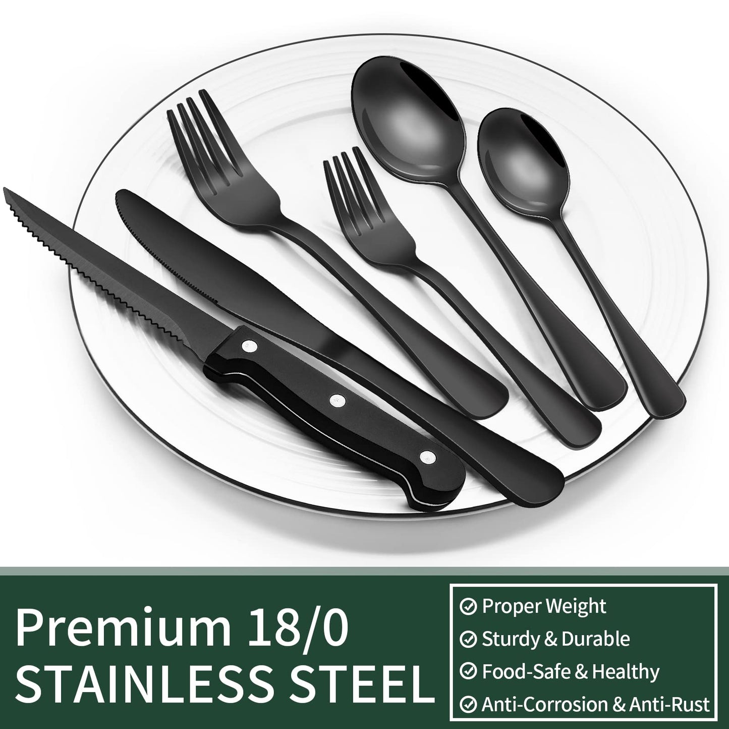 24-Piece Black Silverware Set with Steak Knives, Black Flatware Set for 4, Food-Grade Stainless Steel Tableware Cutlery Set, Mirror Finished Utensil Sets for Home Restaurant (Copia)