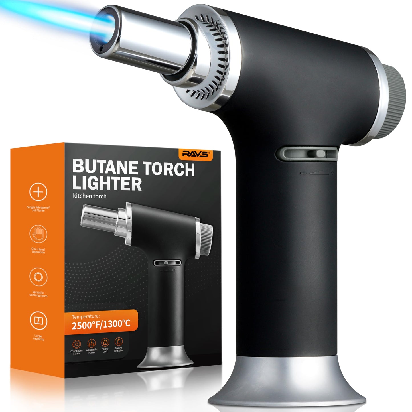 RAVS Butane Torch Lighter, Creme Brulee Torch with Large Capacity, Culinary Torch with Adjustable Flame and Safety Lock, Professional Kitchen Torch for Baking, Cooking Torch Butane Fuel Not Included