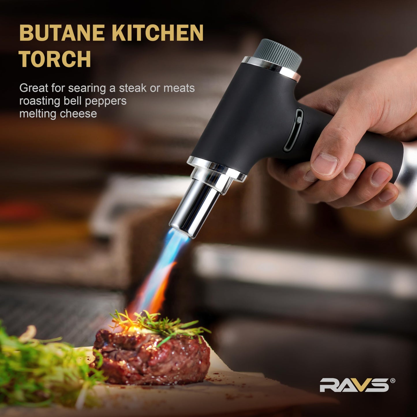 RAVS Butane Torch Lighter, Creme Brulee Torch with Large Capacity, Culinary Torch with Adjustable Flame and Safety Lock, Professional Kitchen Torch for Baking, Cooking Torch Butane Fuel Not Included
