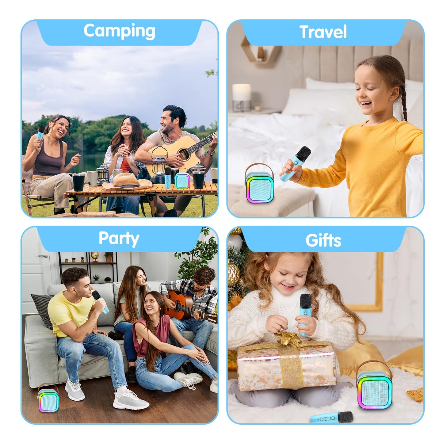Mini Karaoke Machine,Portable Bluetooth Speaker with 2 Wireless Microphone for Kids Adults with Led Lights,Christmas Birthday Gifts for Girls Ages 4-12 Years Old Support USB/TF/AUX for Home Party,Blue
