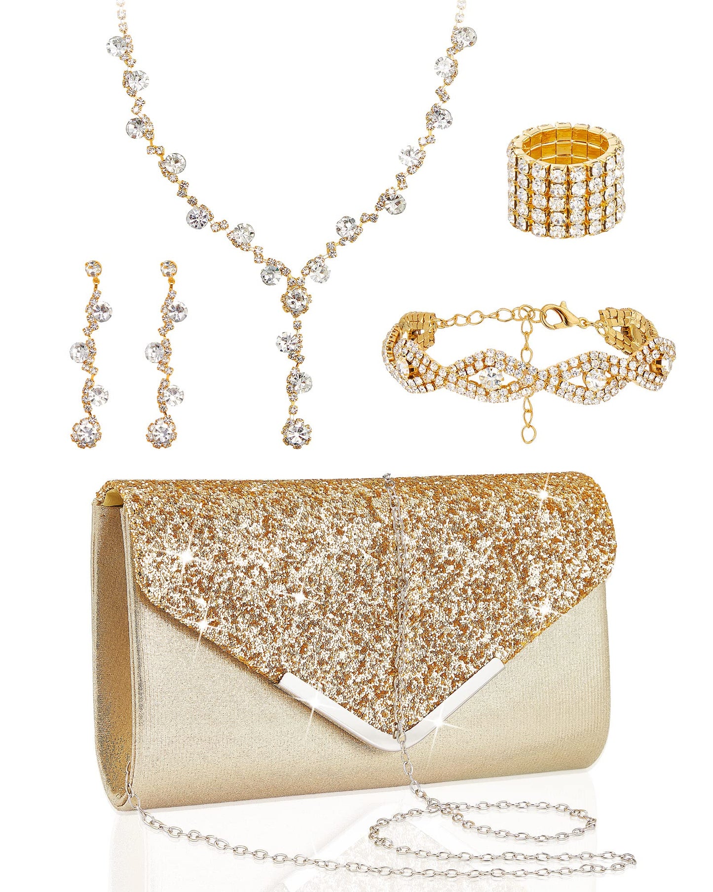 Henoyso 5 Pcs Purse Rhinestone Jewelry Set Prom Jewelry Rhinestone Clutch Purse Necklace Earrings Bracelets for Women Bride(Gold)