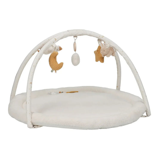 Baby play gym with hanging toys on a white background
