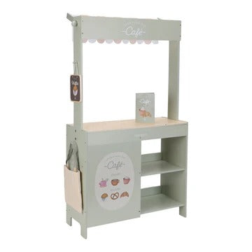 Children's play kitchen set with shelves and a sign on a white background