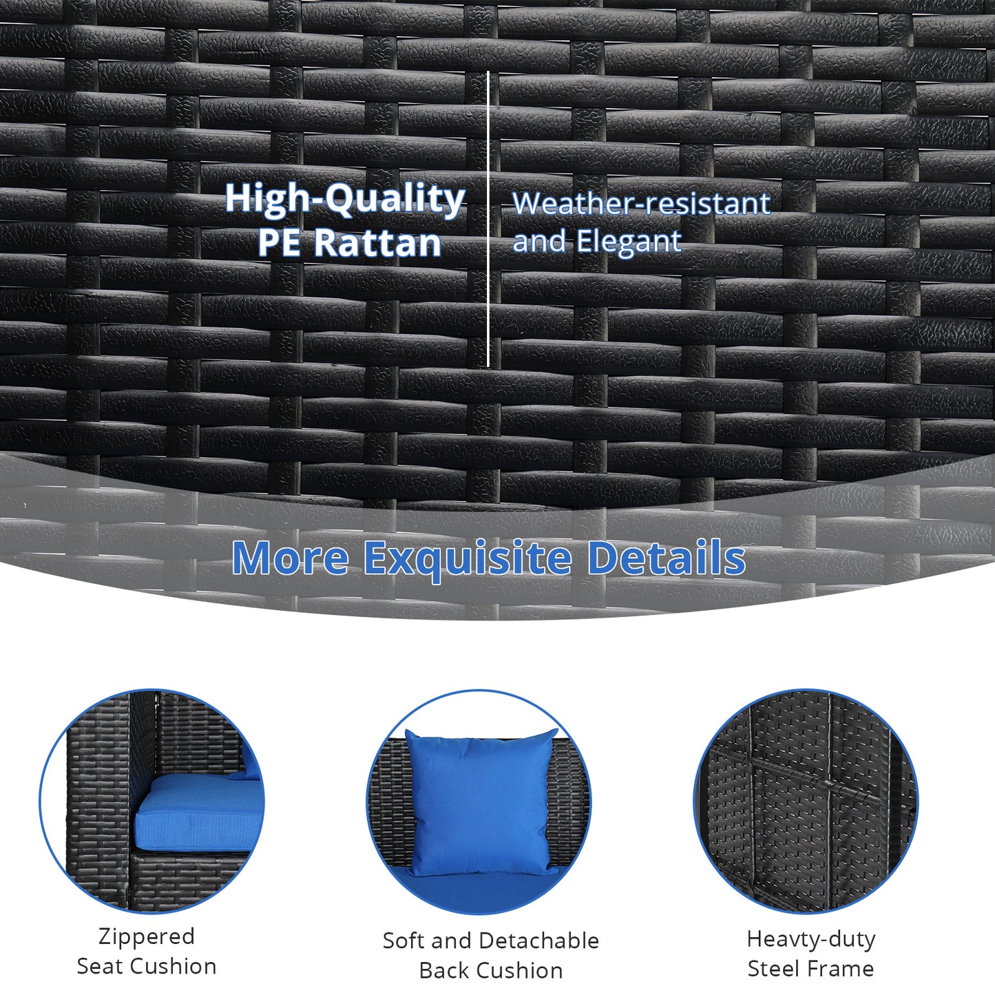 4ft Black Rattan Blue Cushion 4.5mm Iron Chain Woven Rattan Swing, Excluding Swing Frame