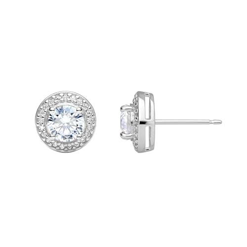 Amazon Essentials womens Sterling Silver Cubic Zirconia Halo Pendant Necklace and Stud Earrings Jewelry Set (previously Amazon Collection)