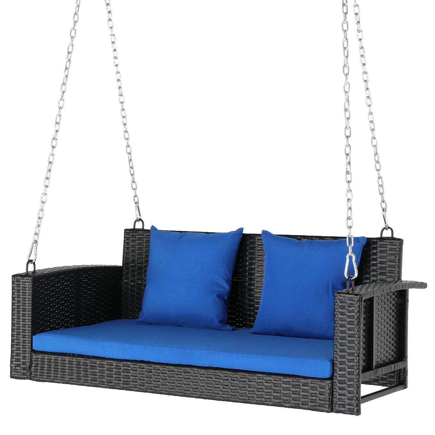 4ft Black Rattan Blue Cushion 4.5mm Iron Chain Woven Rattan Swing, Excluding Swing Frame