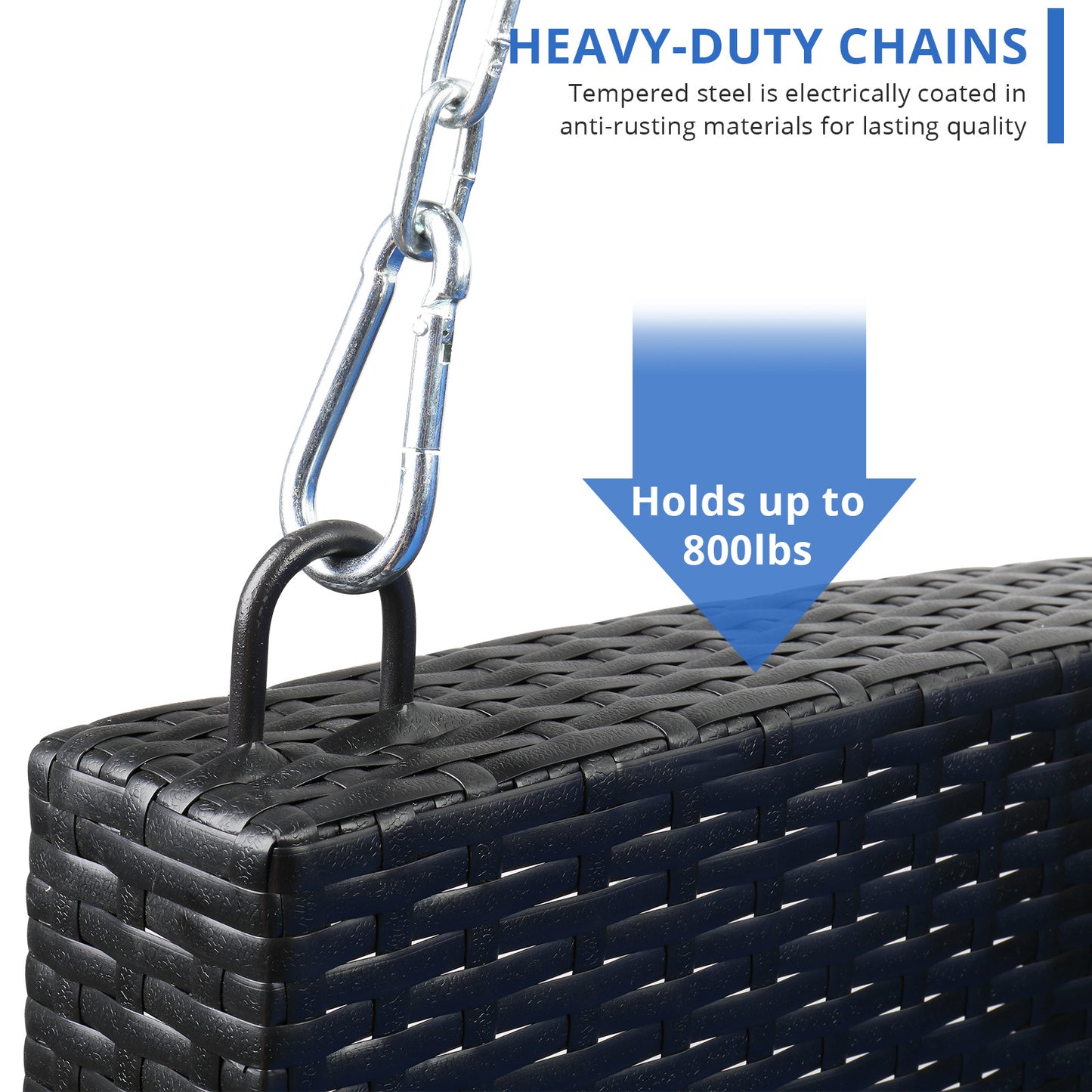 4ft Black Rattan Blue Cushion 4.5mm Iron Chain Woven Rattan Swing, Excluding Swing Frame