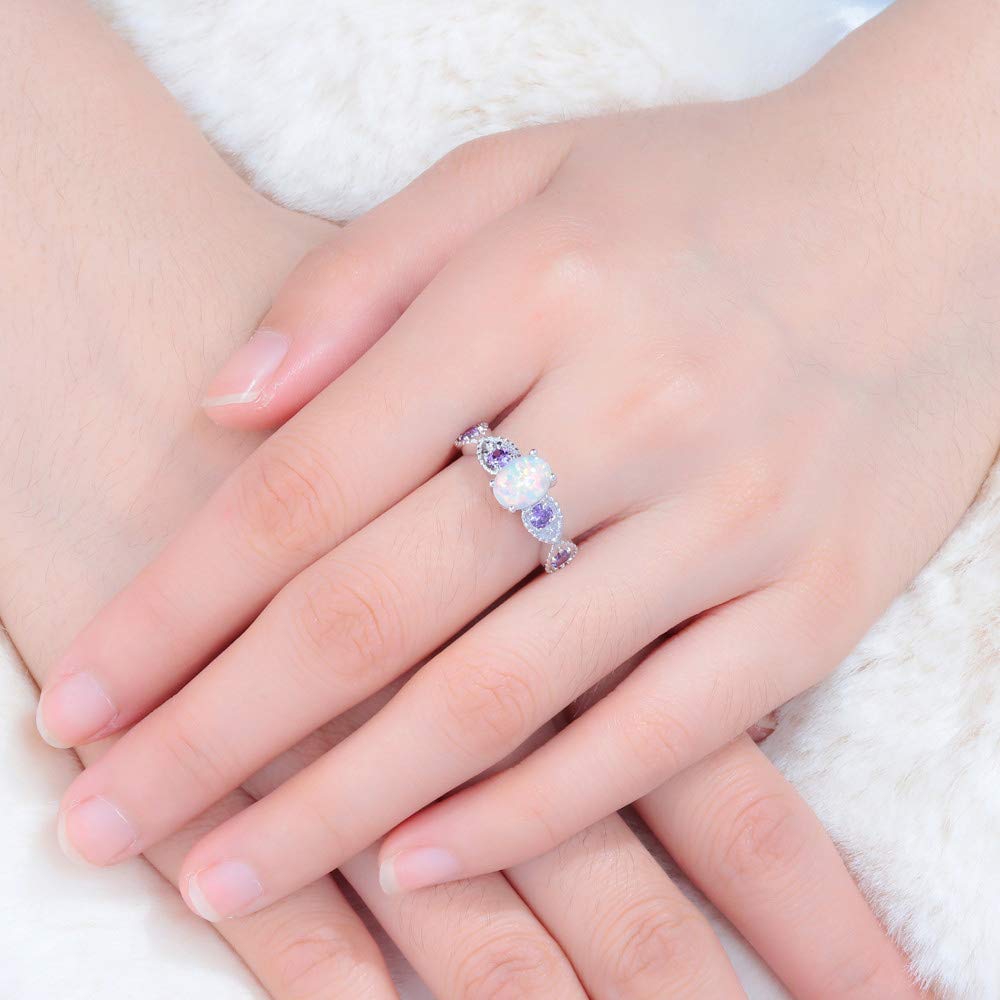 CiNily White Fire Opal Amethyst Ring Women Jewelry Gemstone Silver Plated Ring Size 7
