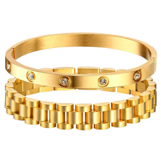 MPRAINBOW 2pcs Gold Chain Link Bracelet, Stainless Steel Crystal Friendship Bracelets Bangle,Watch Band Chains Wristband Jewelry with Adjust Tool