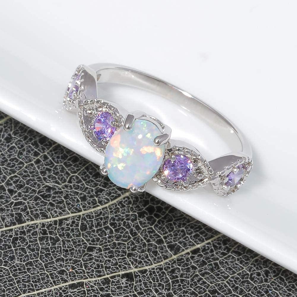 CiNily White Fire Opal Amethyst Ring Women Jewelry Gemstone Silver Plated Ring Size 7