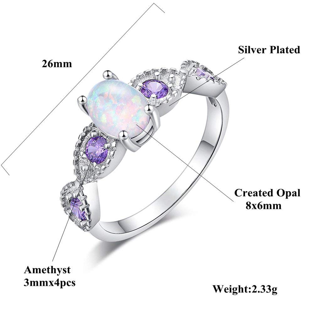 CiNily White Fire Opal Amethyst Ring Women Jewelry Gemstone Silver Plated Ring Size 7