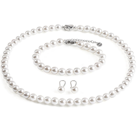 AOOVOO Pearl Necklace and Earring Set, 18 Inch Pearl Necklace for Women, 8mm Round Shell Pearl Set