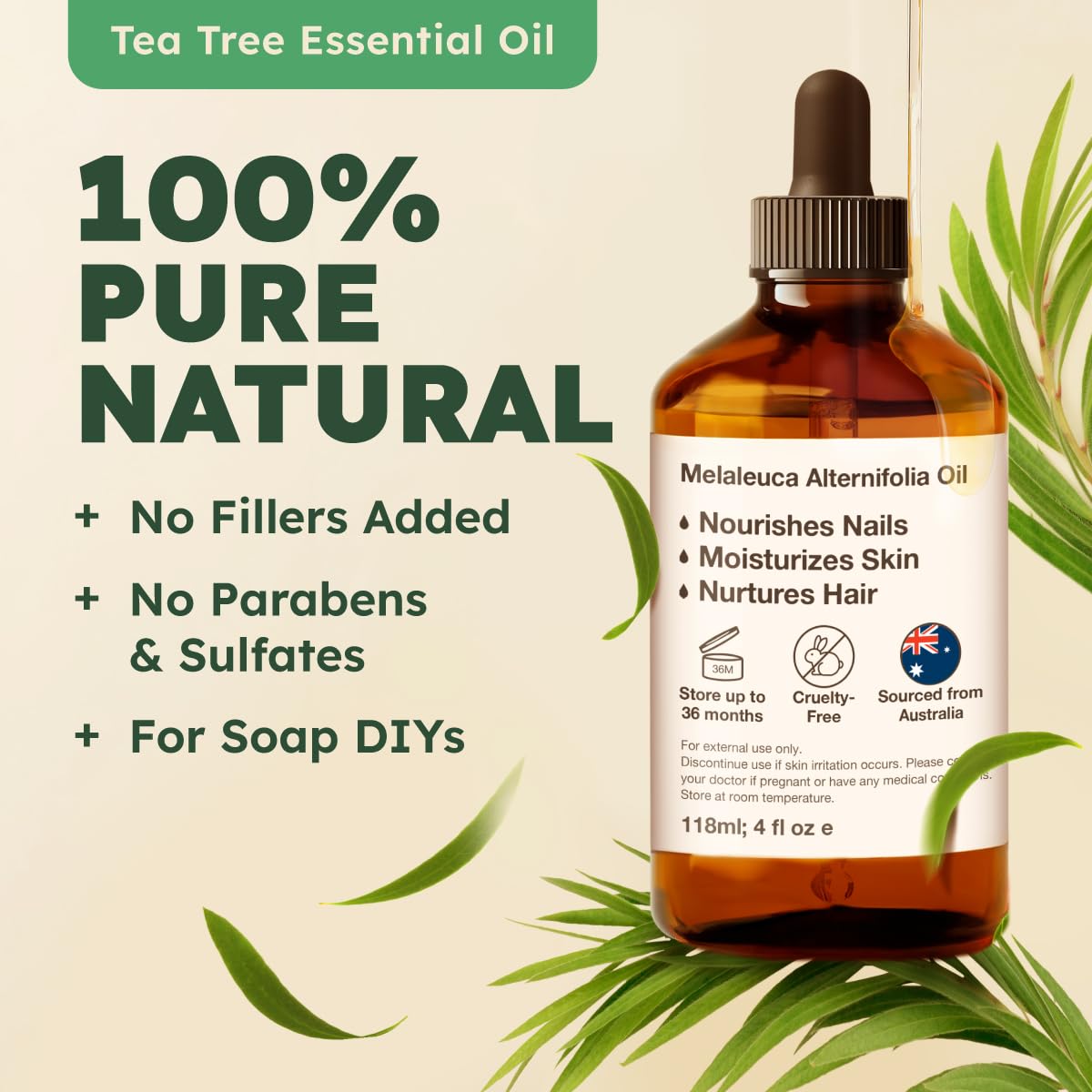 Kukka Tea Tree Oil for Skin, Hair & Toenails - 4 Fl Oz - 100% Pure Natural Tea Tree Essential Oil Made from Australian Melaleuca for Potency - Used in General Wellness, Aromatherapy & DIY Soap Making