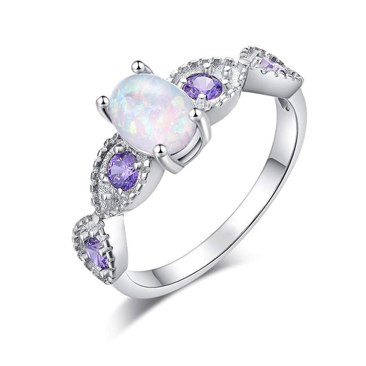 CiNily White Fire Opal Amethyst Ring Women Jewelry Gemstone Silver Plated Ring Size 7