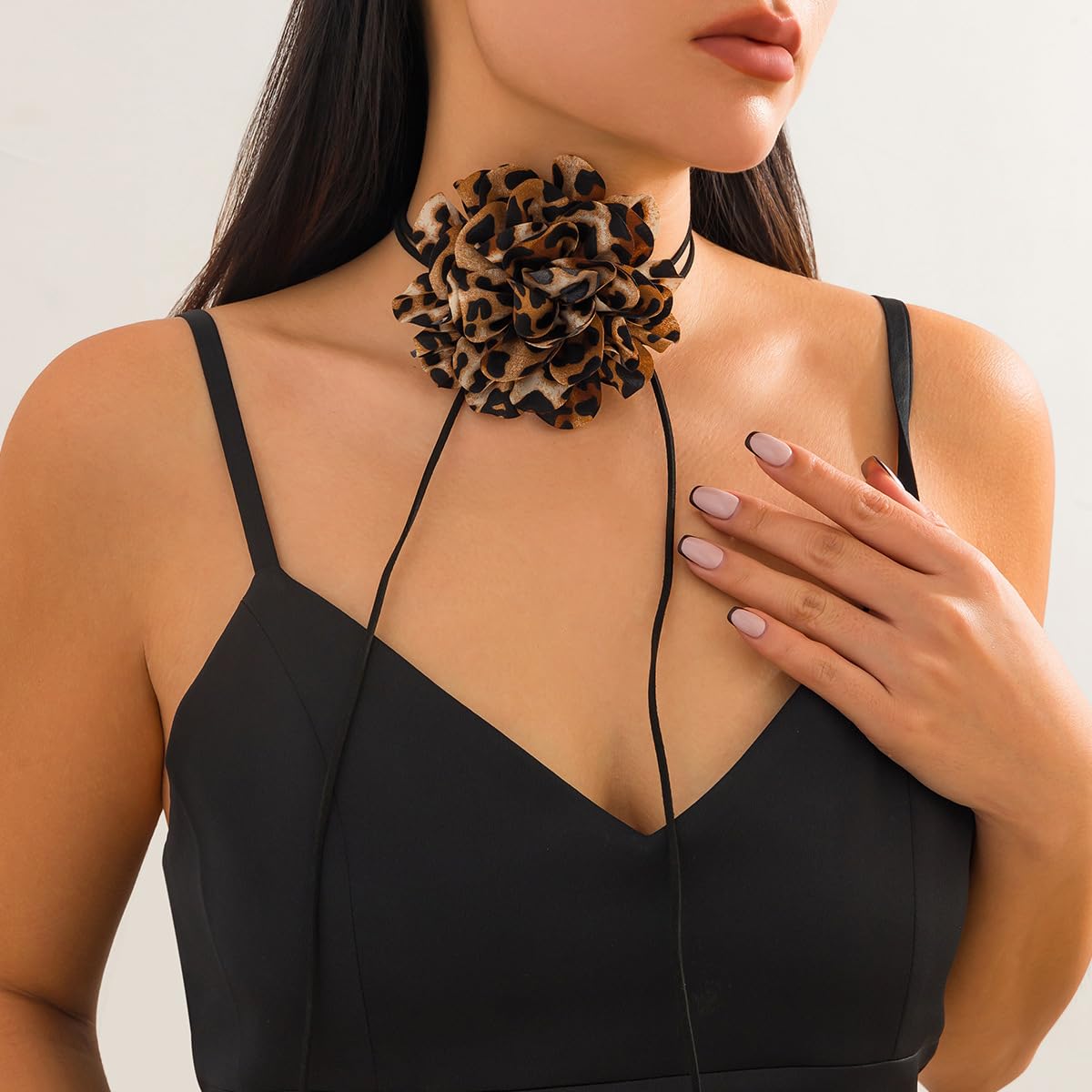 Leopard Print Flower Necklace for Women Big Flower Choker Necklace Adjustable Lace-Up Design Handmade Floral Necklace Leopard Print Flower Necklace Bride Wedding Party Jewelry (Coffee Leopard Print)