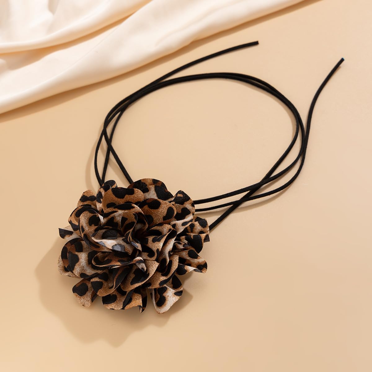 Leopard Print Flower Necklace for Women Big Flower Choker Necklace Adjustable Lace-Up Design Handmade Floral Necklace Leopard Print Flower Necklace Bride Wedding Party Jewelry (Coffee Leopard Print)