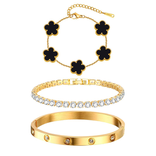 Womens Stackable Floral Gold Bracelets , 3Pcs 18K Gold Plated Bracelet,Stainless Steel Bangle Chain Non Tarnish, Bracelet Set Trendy Jewelry,Christmas Valentines Birthday Gifts for Girlfriend