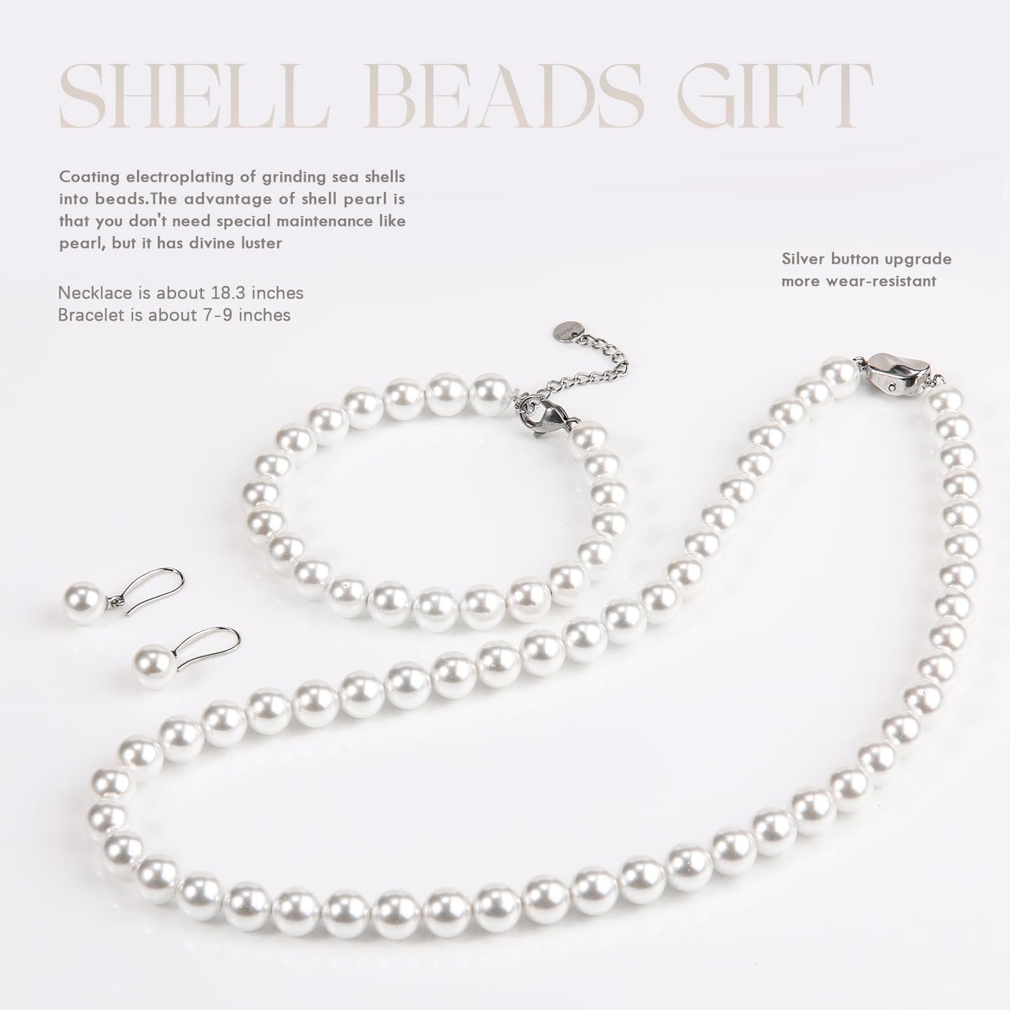 AOOVOO Pearl Necklace and Earring Set, 18 Inch Pearl Necklace for Women, 8mm Round Shell Pearl Set
