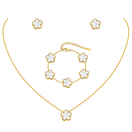 Gold Necklaces Bracelets Earring Set - 18K Gold Plated Flower Bracelet Chain,Stainless Steel Non Tarnish Floral Pendant Stud Jewelry Sets,Christmas Birthday Lucky Gift for Mom Wife Daughter Girlfriend