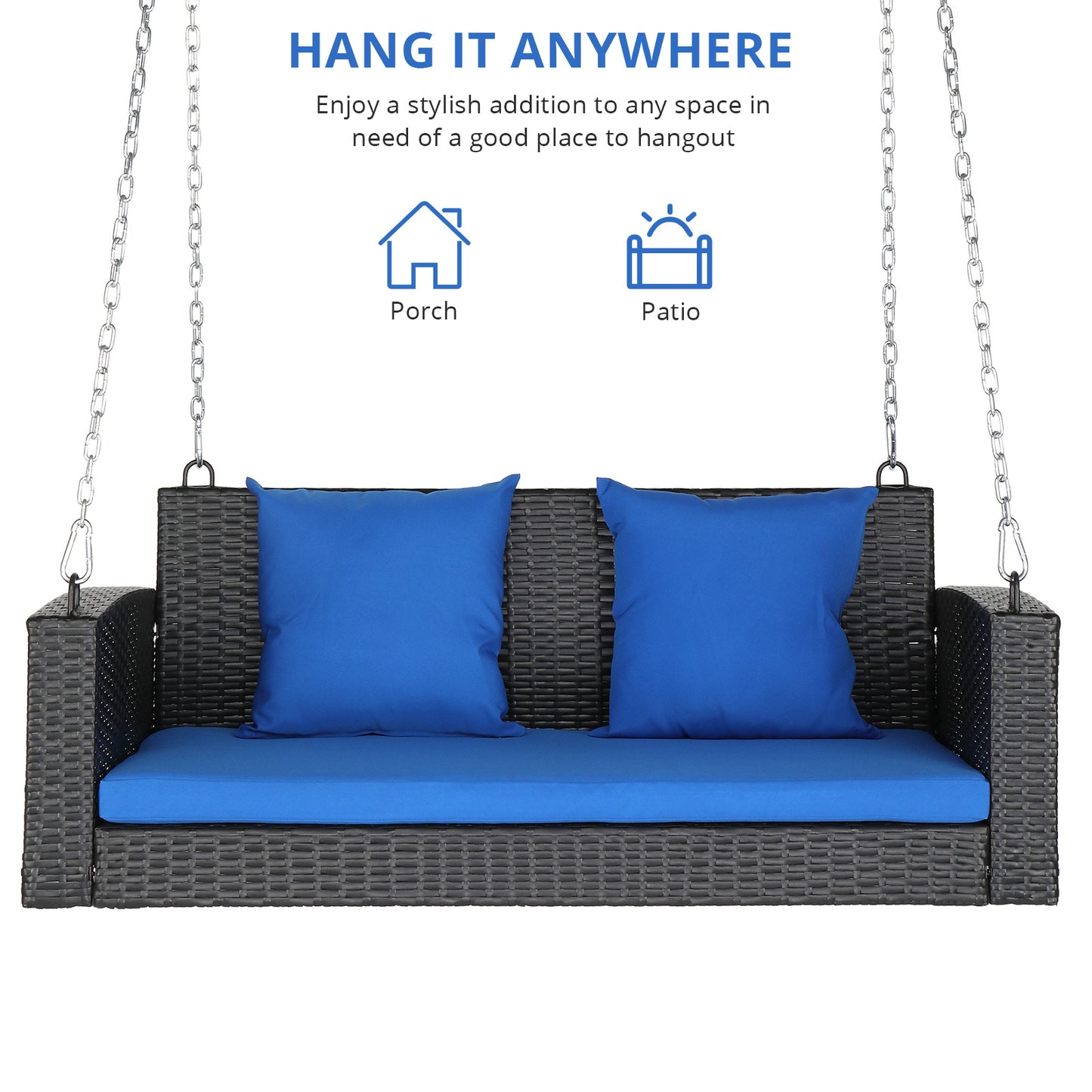 4ft Black Rattan Blue Cushion 4.5mm Iron Chain Woven Rattan Swing, Excluding Swing Frame