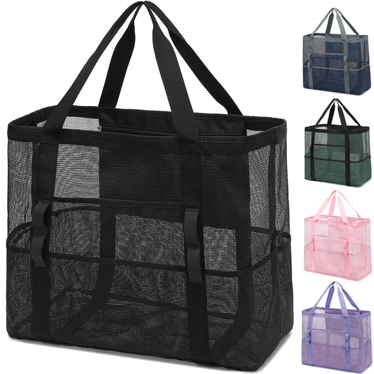 Fammart Mesh Beach Bag, Large Beach Tote with Zipper Pocket for Family Pool Bag for Toys & Vacation Essentials