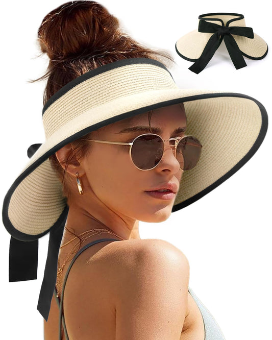 Camptrace UPF 80+ Sun Visors for Women Wide Brim Beach Hat Foldable Straw Visor Hat Ponytail Summer Packable Beige