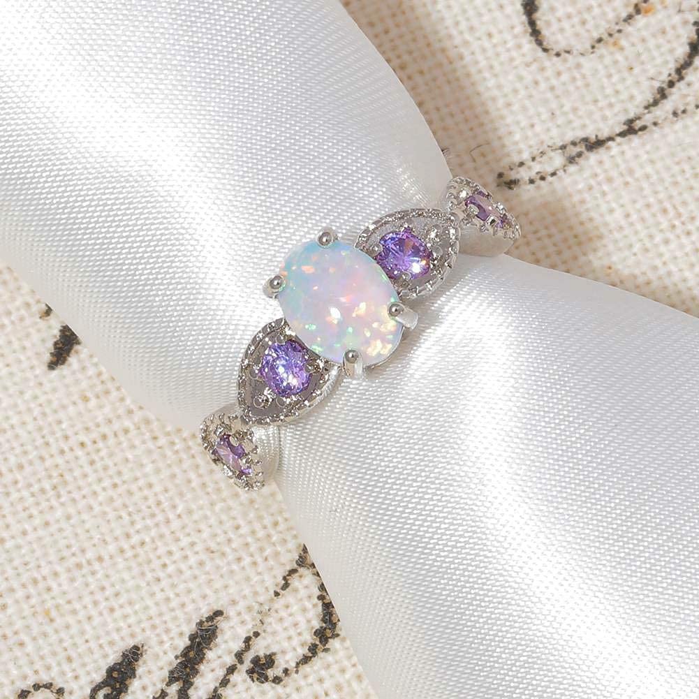 CiNily White Fire Opal Amethyst Ring Women Jewelry Gemstone Silver Plated Ring Size 7