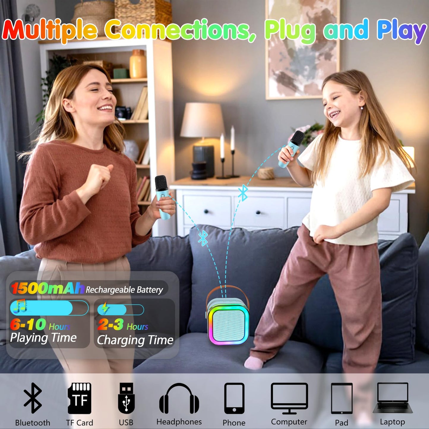 Mini Karaoke Machine,Portable Bluetooth Speaker with 2 Wireless Microphone for Kids Adults with Led Lights,Christmas Birthday Gifts for Girls Ages 4-12 Years Old Support USB/TF/AUX for Home Party,Blue