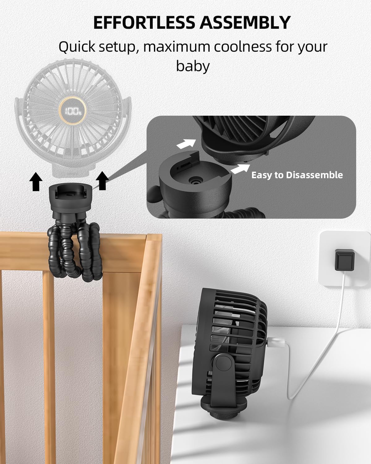 Portable Stroller Mini Fan, Small Rechargeable Personal Cooler w/ 360° Rotation, 3-Speed, Display, Battery Powered Stroller Accessories, Baby Essentials for Car Seat, Crib, Bike, Treadmill, Black