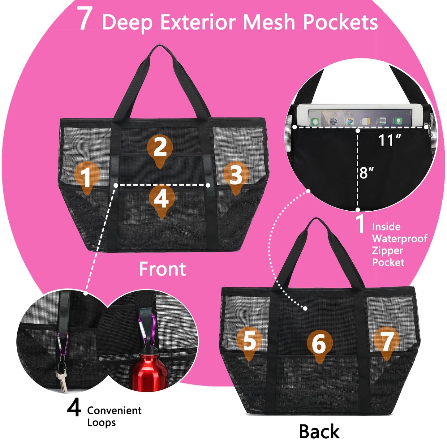 Fammart Mesh Beach Bag, Large Beach Tote with Zipper Pocket for Family Pool Bag for Toys & Vacation Essentials