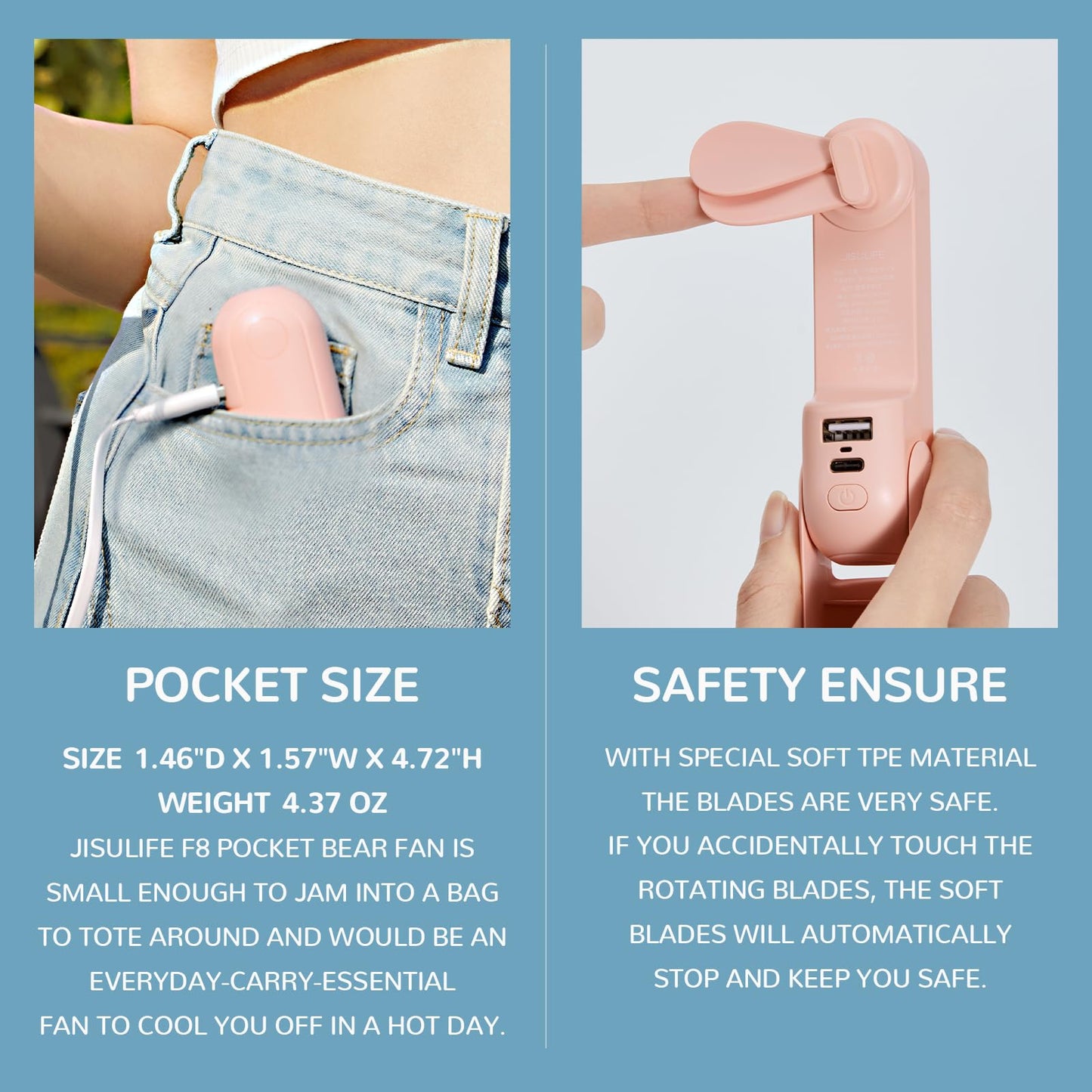 JISULIFE Handheld Mini Fan, 3 IN 1 USB Rechargeable Portable Fan [12-19 Working Hours] with Power Bank, Flashlight, Pocket Design for Travel/Summer/Concerts/Lash, Gifts for Women (Pink) (Copia) (Copia)