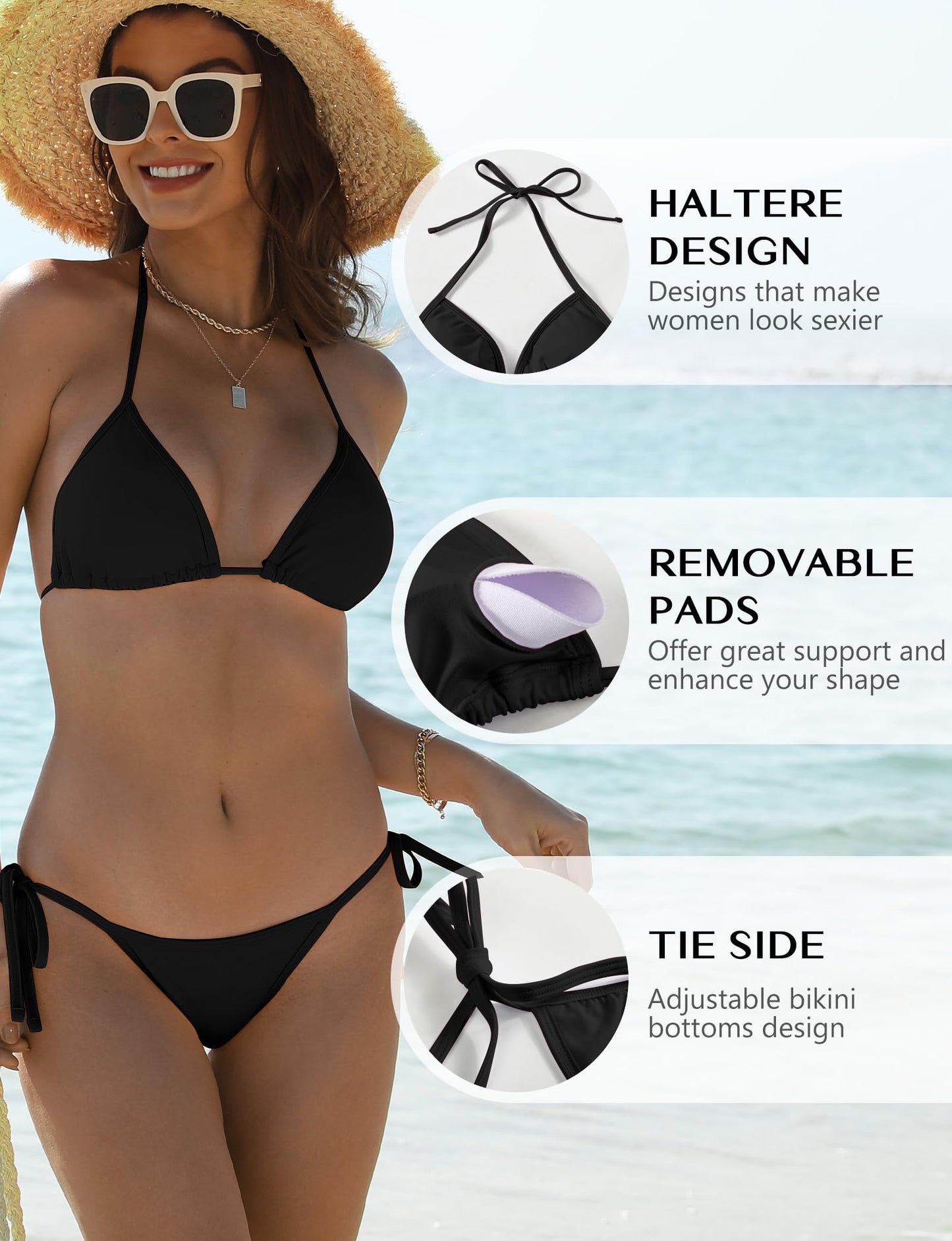 Buauty Bikini Sets for Womens Two Piece Swimsuits Halter String Triangle Bathing Suit Swim Sexy Tie Side Bottom Swimwear Black M