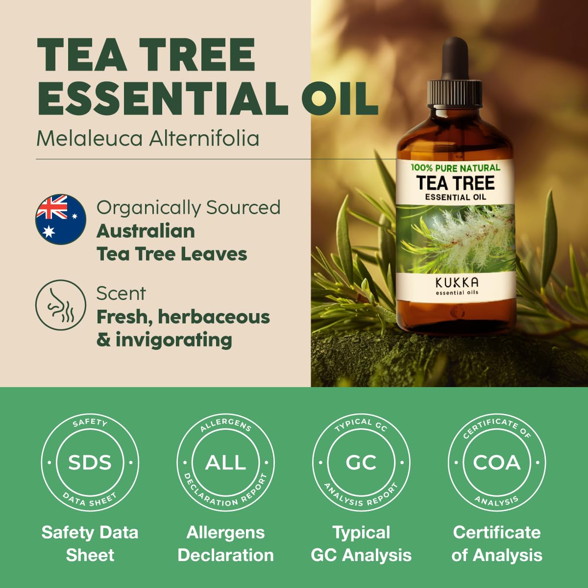 Kukka Tea Tree Oil for Skin, Hair & Toenails - 4 Fl Oz - 100% Pure Natural Tea Tree Essential Oil Made from Australian Melaleuca for Potency - Used in General Wellness, Aromatherapy & DIY Soap Making